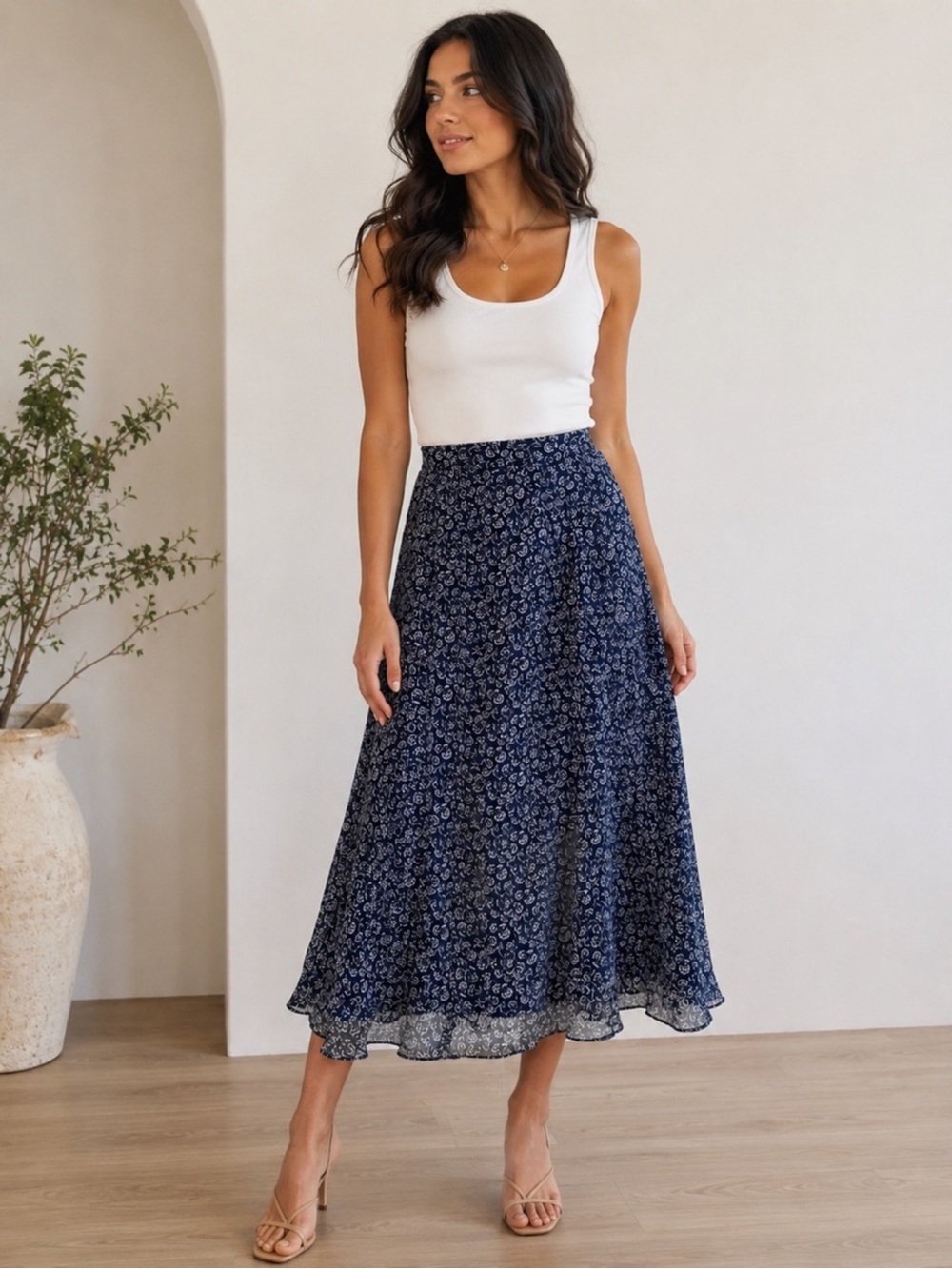Chaus Navy Floral Midi Skirt Vintage